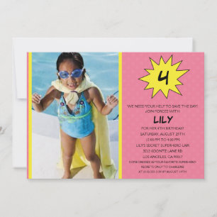 Pink Save the Day Superhero Photo Birthday Party Invitation