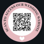 Pink Scan To Access Wedding Website Heart QR Code Classic Round Sticker<br><div class="desc">Wedding website QR code sticker in black,  pink,  and white with curved text and a white heart. Cute black,  pink and white wedding QR code sticker.</div>