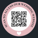 Pink Scan To Access Wedding Website Heart QR Code Classic Round Sticker<br><div class="desc">Wedding website QR code sticker in black,  pink,  and white with curved text and a white heart. Cute black,  pink and white wedding QR code sticker.</div>