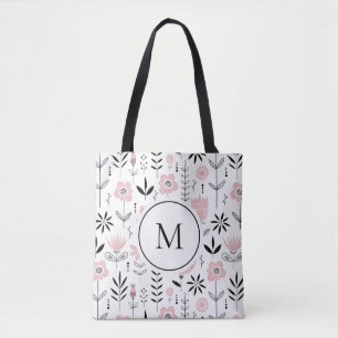 Pink Scandinavian Floral Pattern Monogram Tote Bag