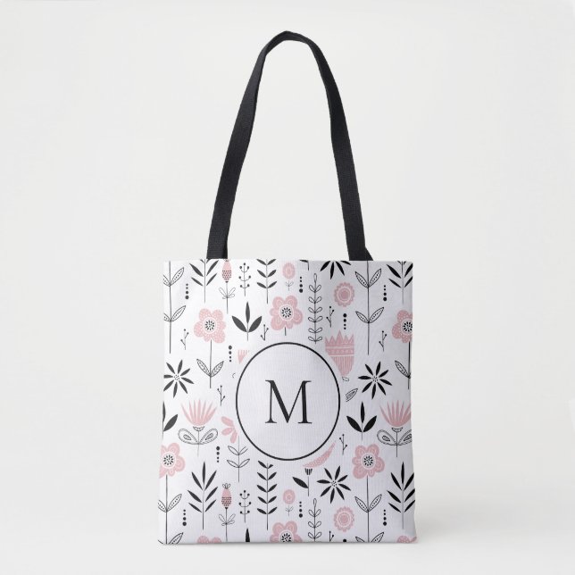 Pink Scandinavian Floral Pattern Monogram Tote Bag (Front)