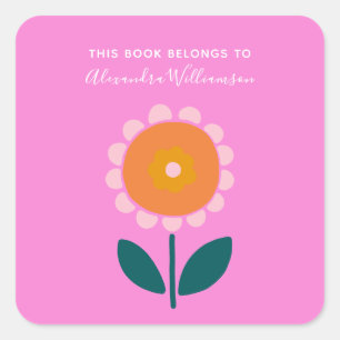 Pink Scandinavian Flower Personalised Bookplate Square Sticker