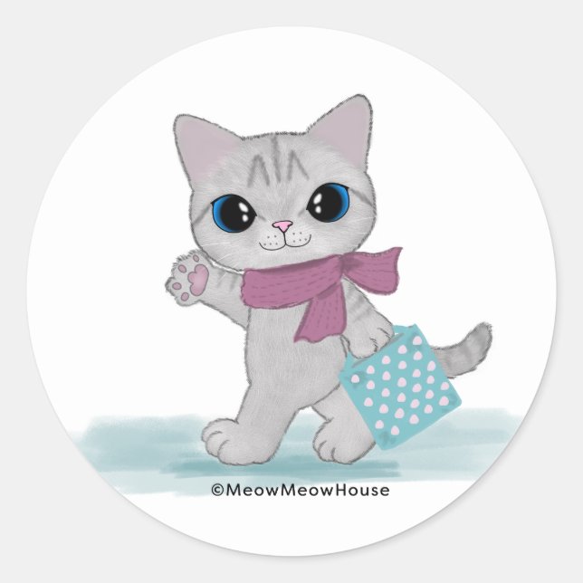 Pink Scarf Cat Classic Round Sticker (Front)