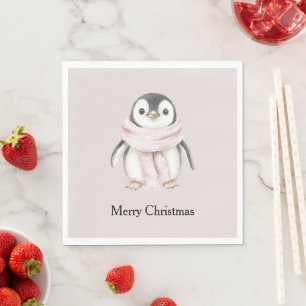 Pink Scarf Penguin Christmas Napkin