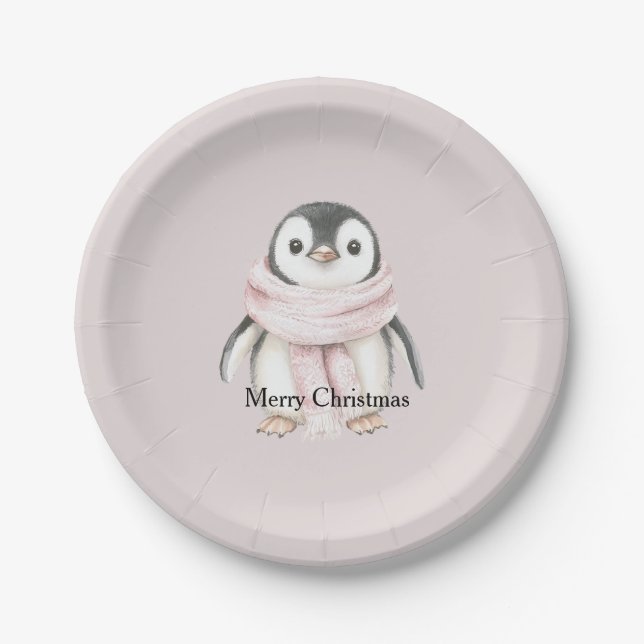 Pink Scarf Penguin Christmas Paper Plate (Front)