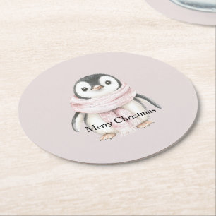 Pink Scarf Penguin Christmas Round Paper Coaster