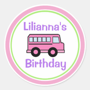 Pink School Bus Birthday Classic Round Sticker