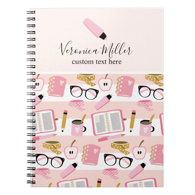 Pink School Girl Notebook with editable name (Front)