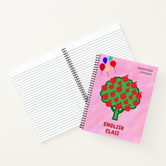 Pink School Subject Apples Balloons Name Notebook (Inside)