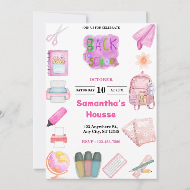 Pink School tools girl Birthday Invitation (Front)