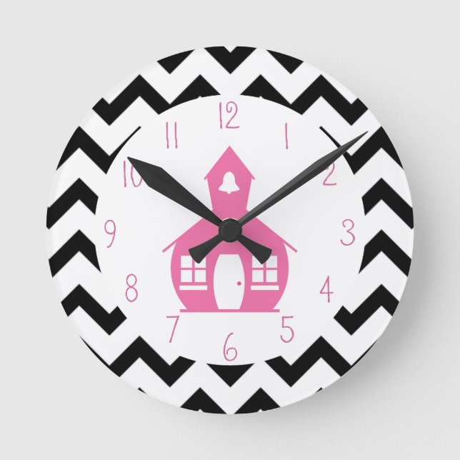 Pink Schoolhouse + Black Chevron Teacher Round Clock (Front)