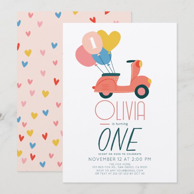 Pink Scooter Balloons Girl 1st Birthday Invitation (Front/Back)