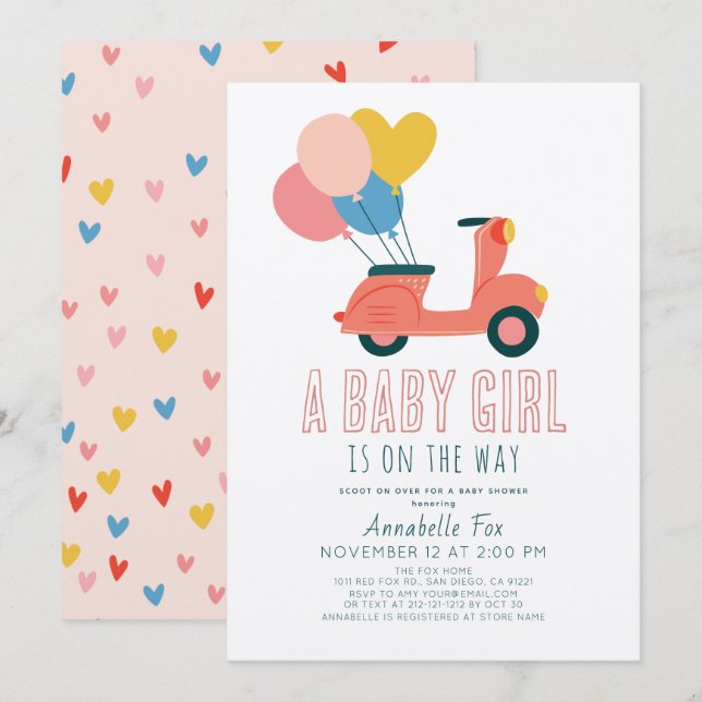 Pink Scooter Balloons Girl Baby Shower Invitation (Front/Back)