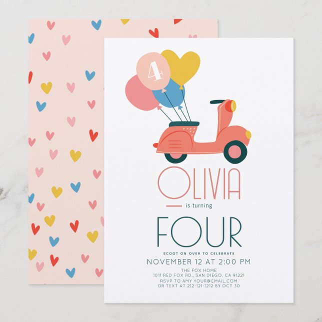 Pink Scooter Balloons Girl Birthday Invitation (Front/Back)