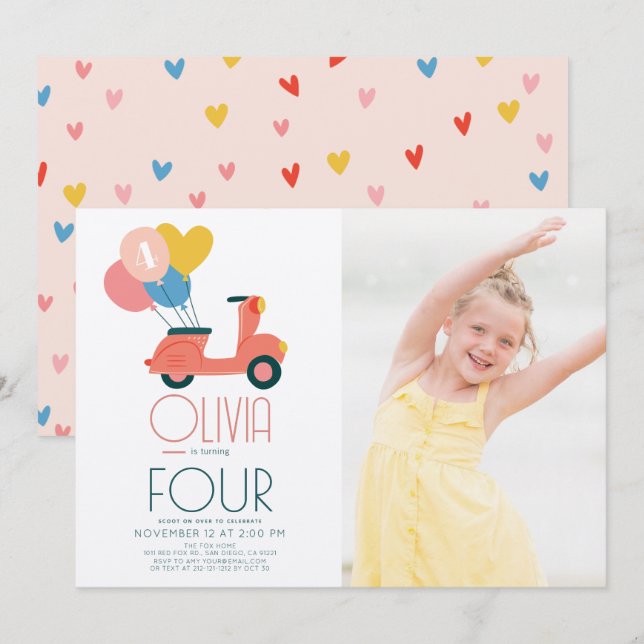 Pink Scooter Balloons Girl Birthday Photo Invitation (Front/Back)