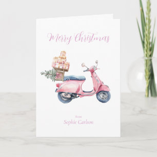 Pink Scooter Christmas Shopping Trip Holiday Card