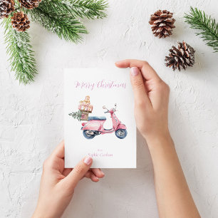 Pink Scooter Christmas Shopping Trip Holiday Card