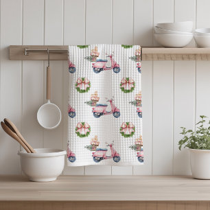 Pink Scooter Christmas Shopping Trip Tea Towel