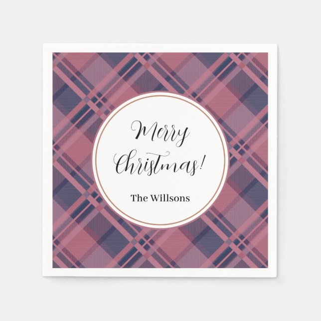 Pink Scottish Lady Tartan Pattern Merry Christmas Napkin (Front)