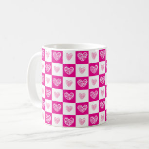 Pink scribble hearts check pattern  coffee mug