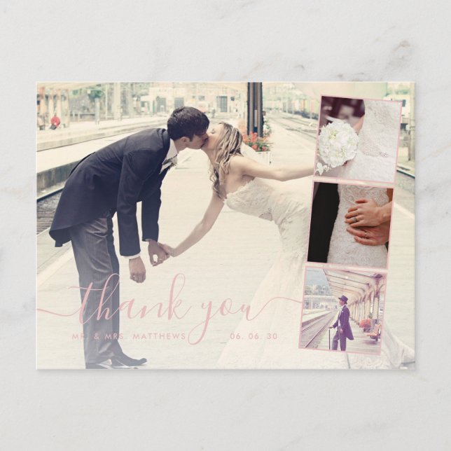 Pink Script 4 Photo Collage Wedding Thank You Postcard (Front)
