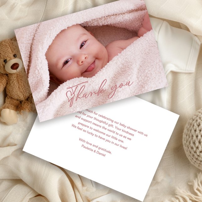 Pink Script Baby Photo Thank You Card (Creator Uploaded)