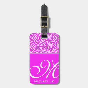 Pink Script BW Square Pile Monogrammed Luggage Tag