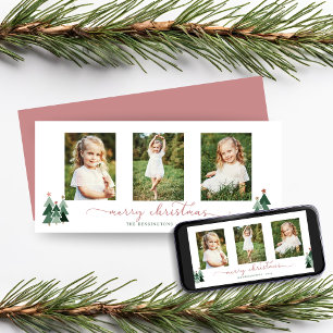 Pink Script Christmas Trees 3 Photo Holiday Card