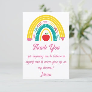 Pink Script, Cute Rainbow Teacher Appreciation Thank You Card