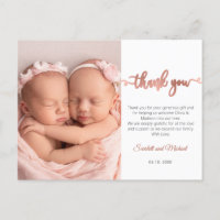 Pink Script Girl Twins Baby Photo Thank You 
