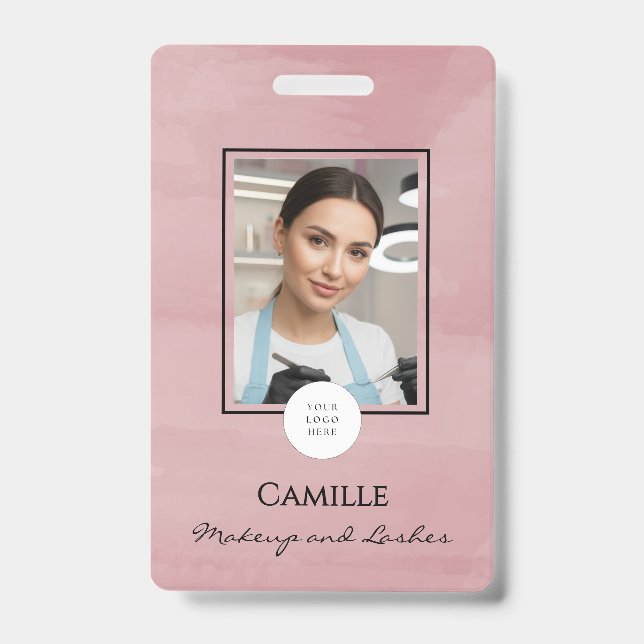 Pink Script Logo Photo Makeup Badge ID Badge (Front)