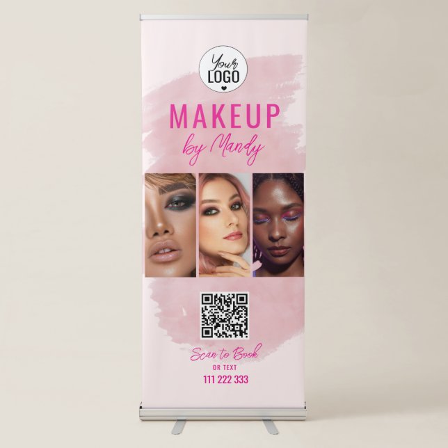 Pink Script Logo QR Code Photo Watercolor Makeup  Retractable Banner (Front)