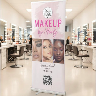 Pink Script Logo QR Code Photo Watercolor Makeup Retractable Banner