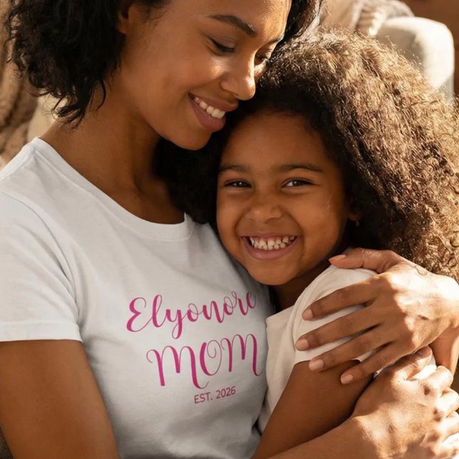 Pink Script Personalised Name Established Mum  T-Shirt (Creator Uploaded)