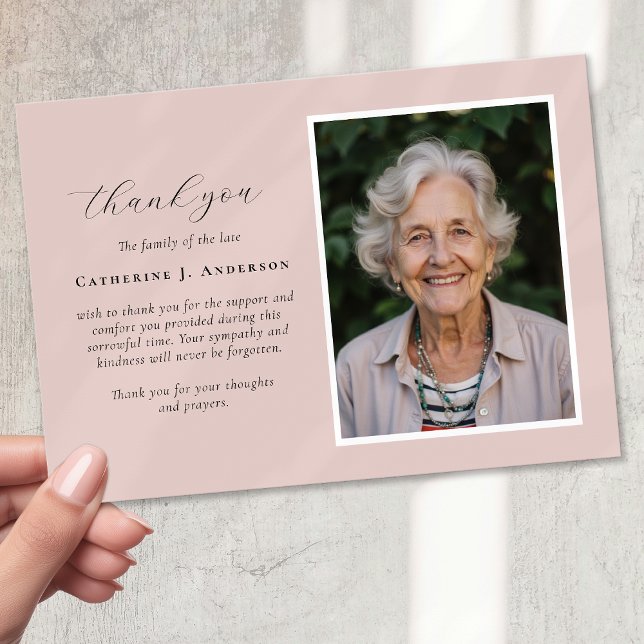 Pink Script Photo Sympathy Funeral Memorial Thank You Card (Creator Uploaded)
