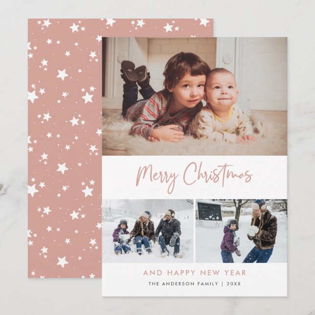 Pink Script Stars Christmas 3 Photo Collage Holiday Card (Front/Back)