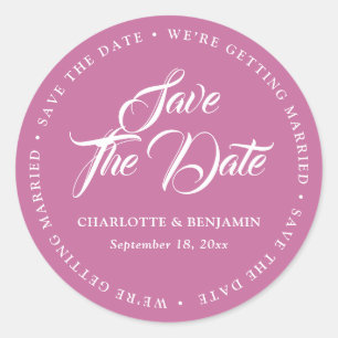 Pink Script Typography Wedding Save The Date Classic Round Sticker