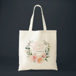 Pink Script Watercolor Floral Wreath Flower Girl Tote Bag<br><div class="desc">A pretty, modern floral Flower Girl design. The watercolor wreath of pink, peach and eucalyptus greenery features the title "Flower Girl" in the centre, in hand lettered pink script typography, and it is personalised with the bridesmaid's name below. This is part of a collection of Bridal Party gifts in this...</div>