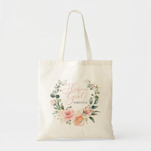 Pink Script Watercolor Floral Wreath Flower Girl Tote Bag