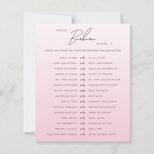 Pink Script Would She Rather Party Game Card