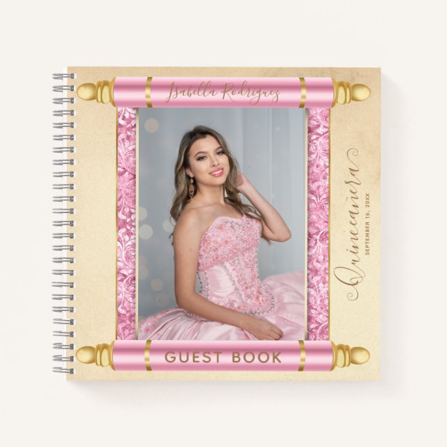 Pink Scroll Photo Budget Quinceañera Guest Book (Front)