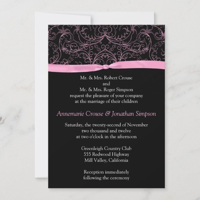 Pink Scrolls and Ribbon Wedding Invitation (Front)