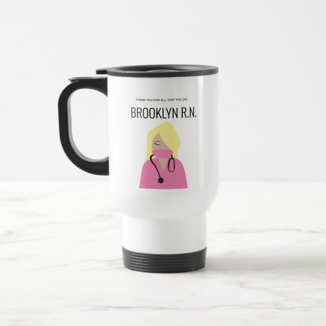 Pink scrubs on Nurse illustration Thank you Travel Mug (Left)
