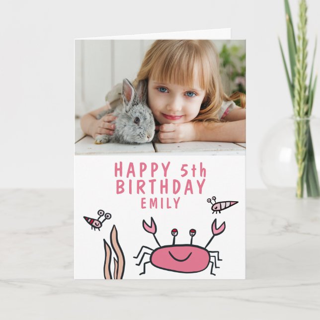 Pink Sea Animals Crab Shell Girl Birthday Photo Card (Front)