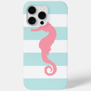 Pink Sea Horse on Mint Stripes iPhone 15 Pro Max Case