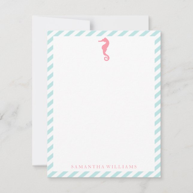 Pink Sea Horse on Mint Stripes Thank You Notes Invitation (Front)