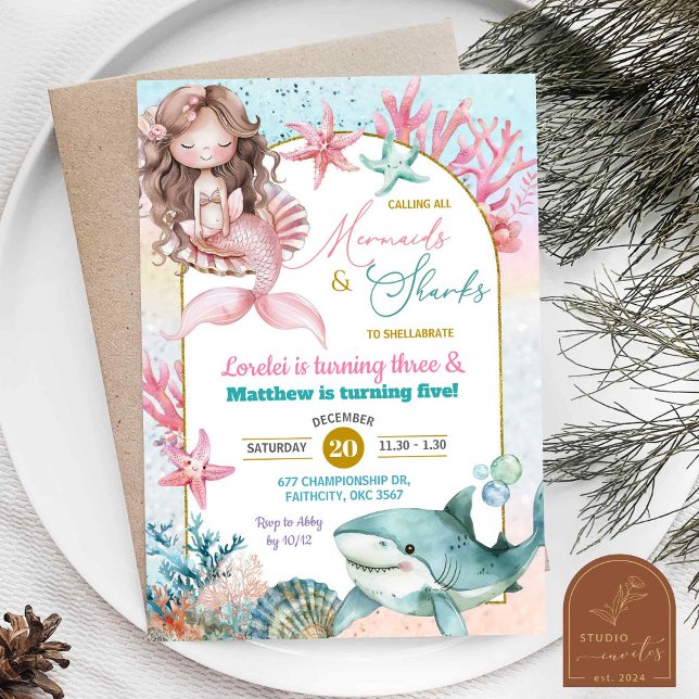 Pink Sea Mermaid and Shark Joint Birthday Girl Invitation (Creator Uploaded)