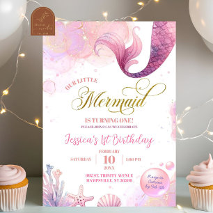 Pink Sea Mermaid First Birthday  Invitation