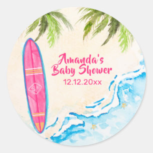 Pink Sea Ocean Surf Plam Tree Beach Baby Shower Classic Round Sticker
