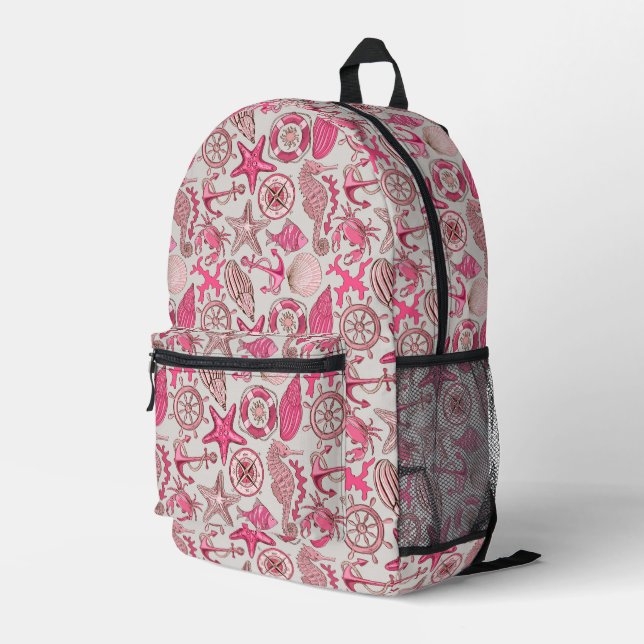 Pink Sea Pattern Printed Backpack (Back Corner Right)